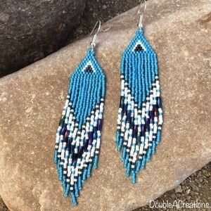 Blue Beaded Earrings with Fringe, New, Handmade By Me